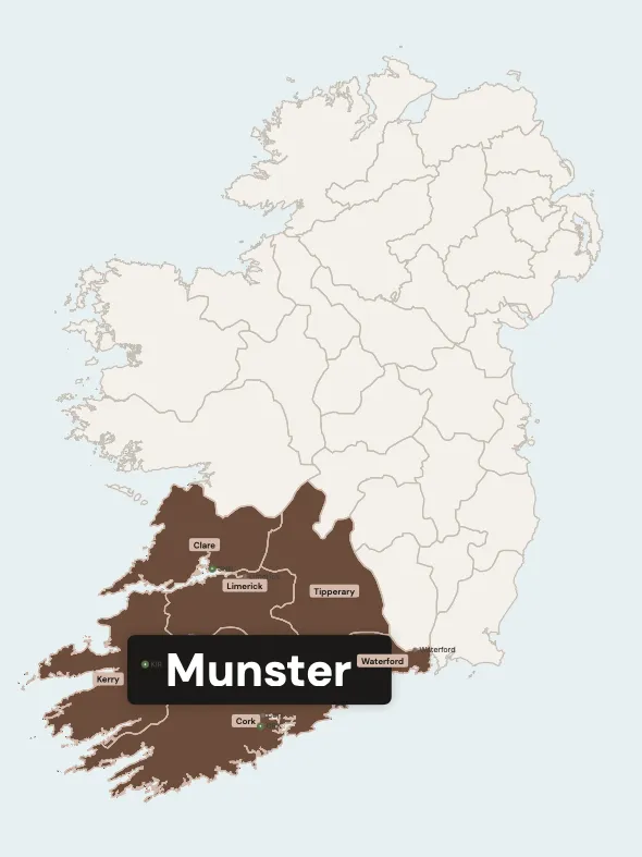 Map of Munster province showing county boundaries