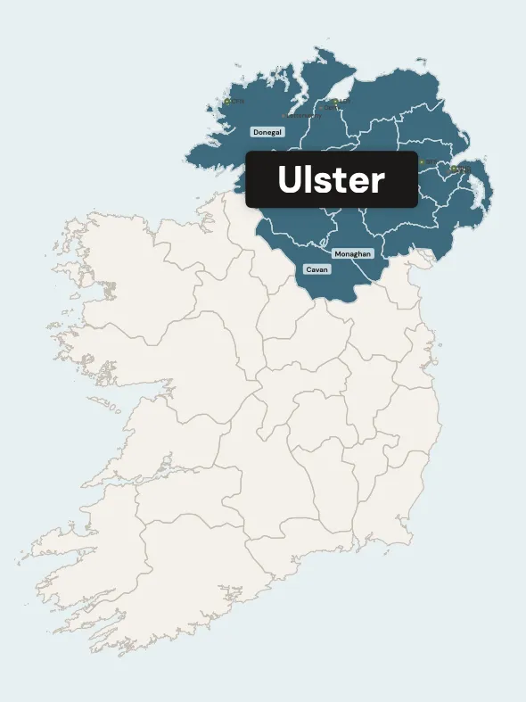 Map of Ulster province showing county boundaries