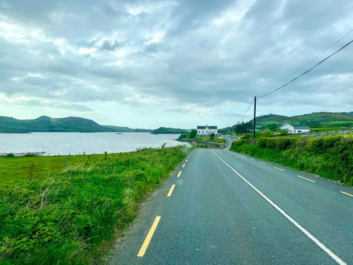 A roadside in County Donegal with green verges