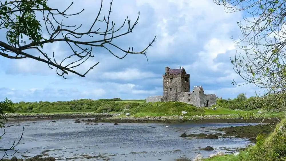 An Irish castle called Dunguaire is shown in the background of Galway Bay