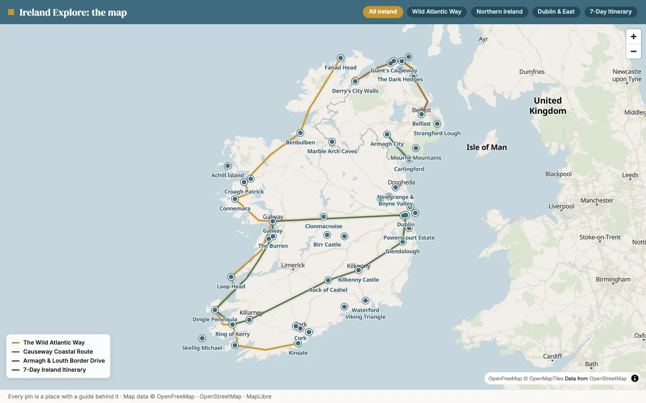Map of Ireland showing every destination guide and scenic route