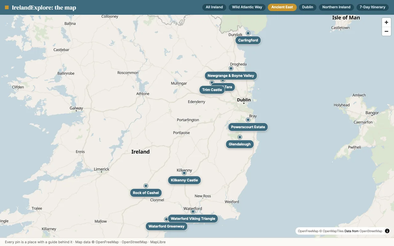 Map of Ireland's Ancient East sights and routes