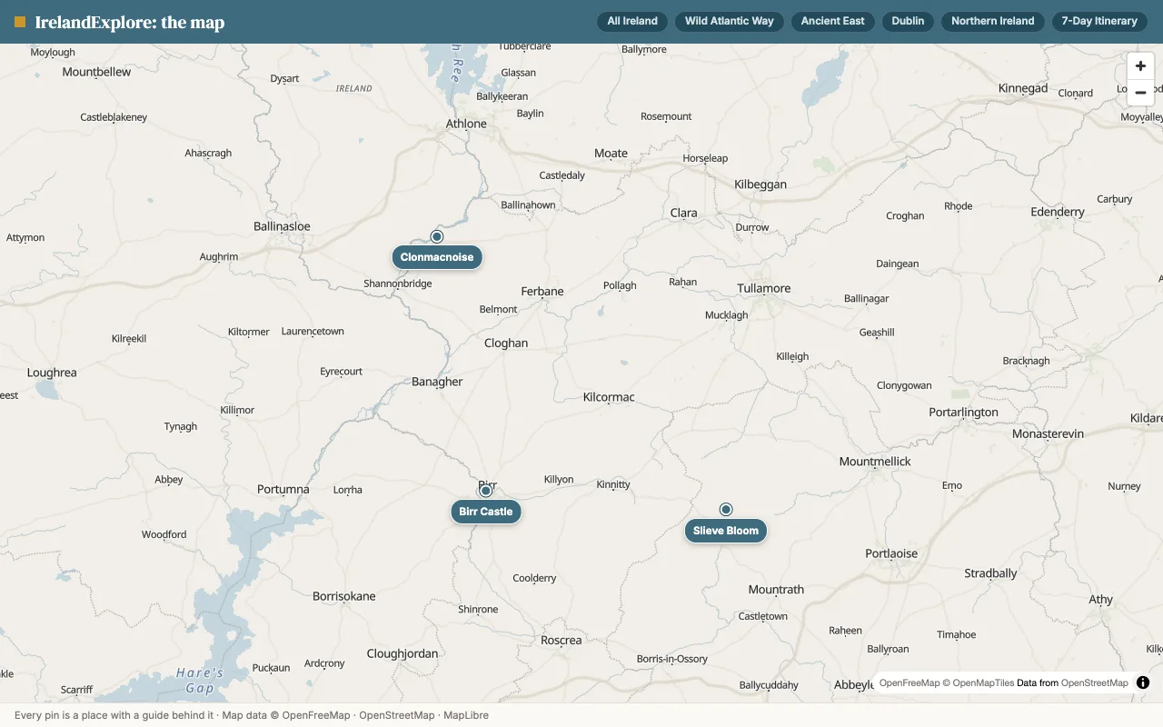 Map of Ireland's Hidden Heartlands sights and routes