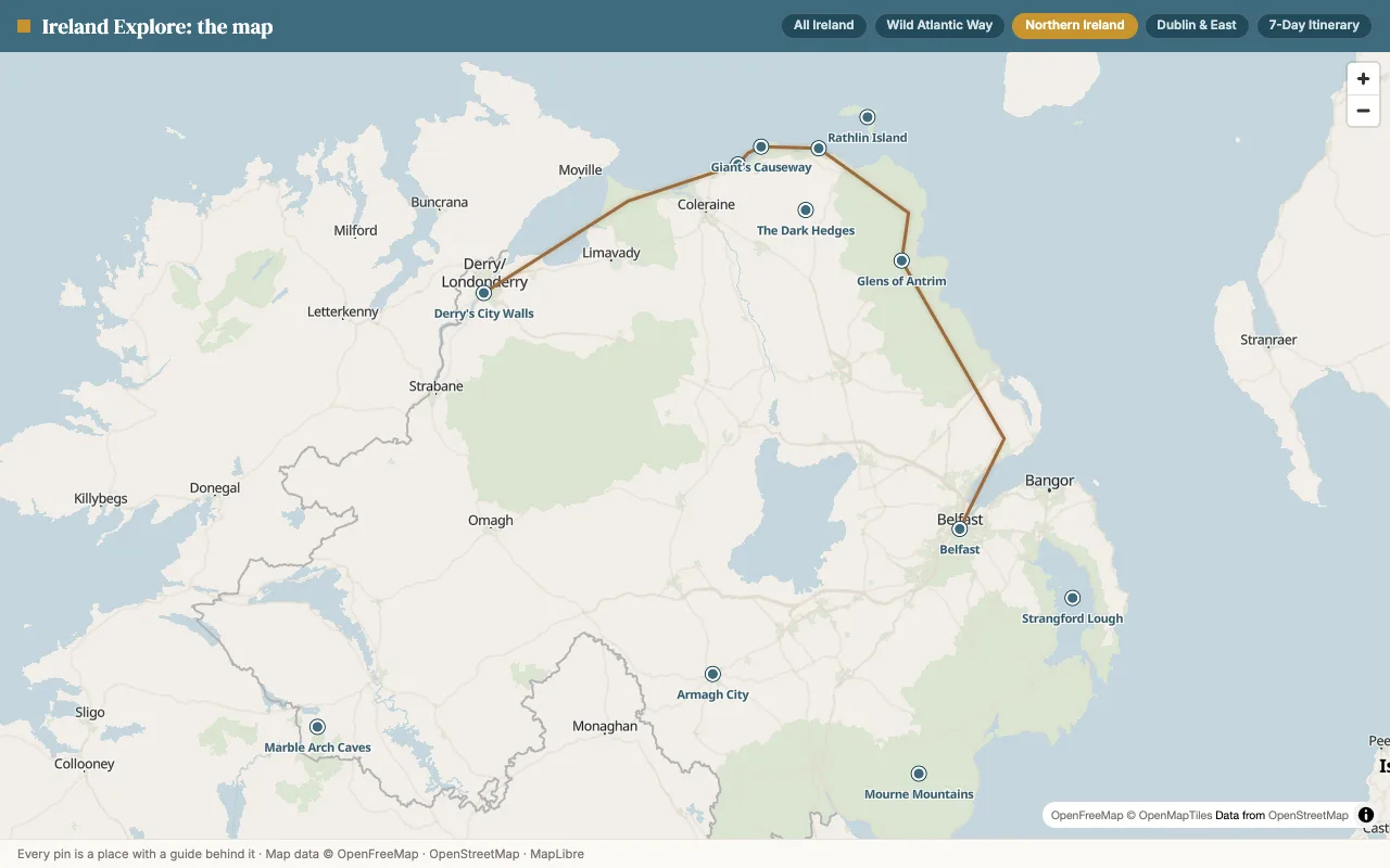 Map of Northern Ireland sights and routes