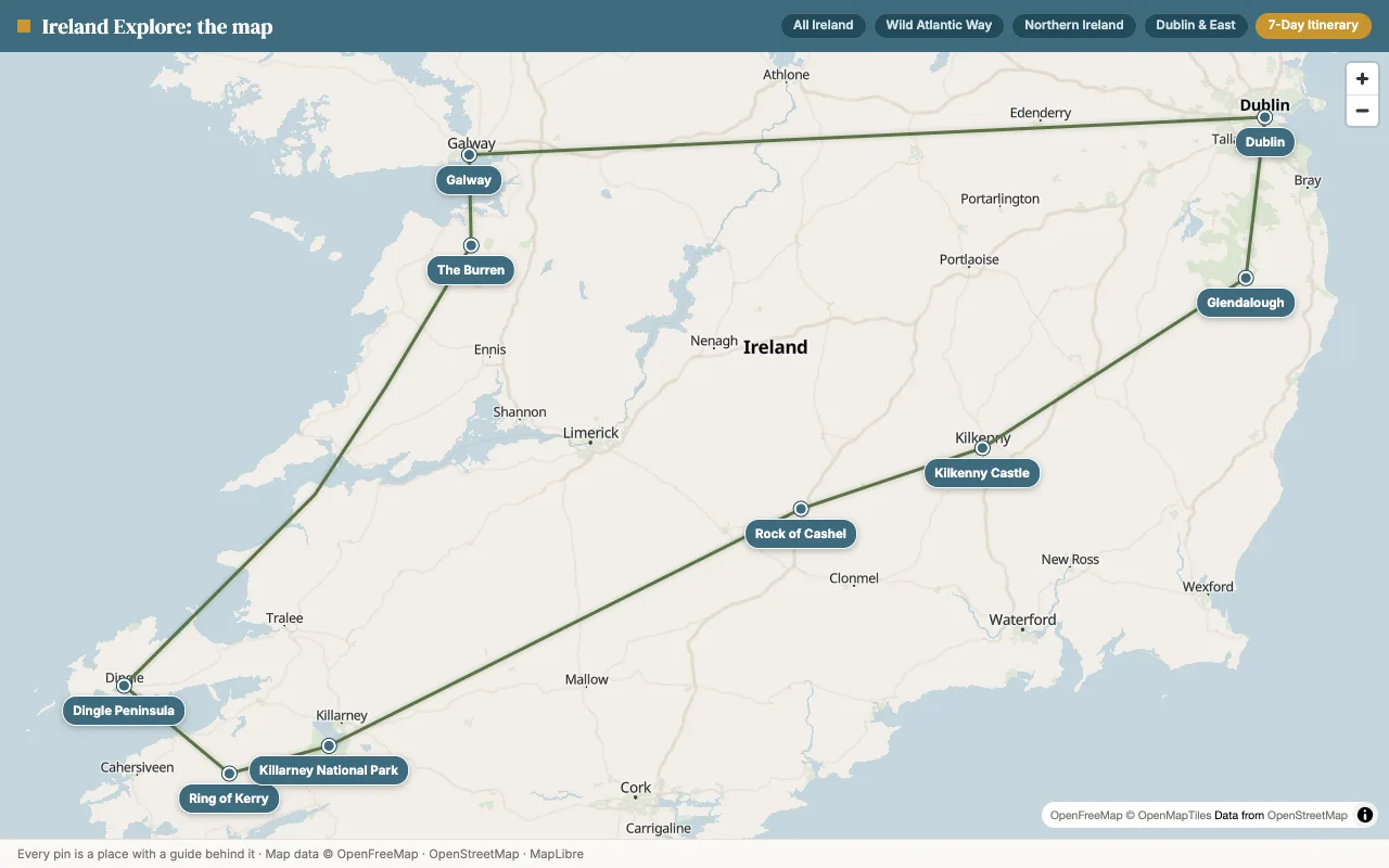 Map of the 7 Day Ireland Itinerary: The Classic Route route