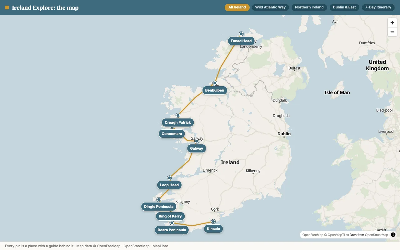 Map of the The Wild Atlantic Way: Ireland's Ultimate Coastal Road Trip route
