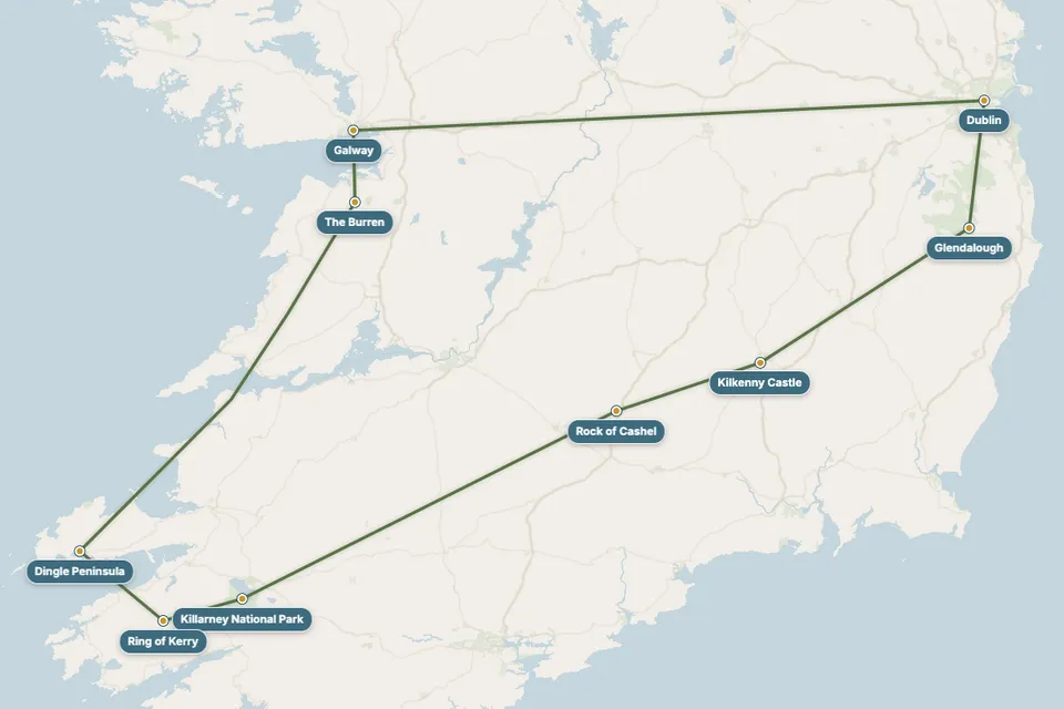 Map of the 7-day Ireland route - Dublin, Glendalough, Kilkenny, Cashel, Killarney, Ring of Kerry, Dingle, the Burren and Galway
